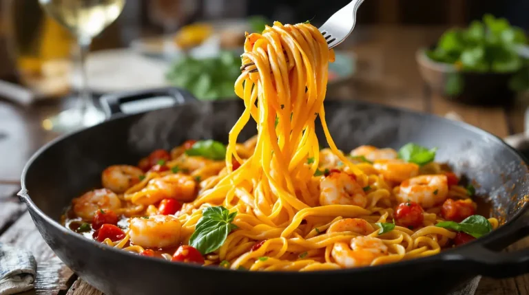 Mes tagliatelles crevettes, tomates et basilic prêtes en 15 minutes, ultra rapides et sans crème !